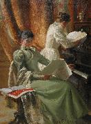 Emil Lindgren Interior med musicerande kvinnor vid pianot Germany oil painting artist